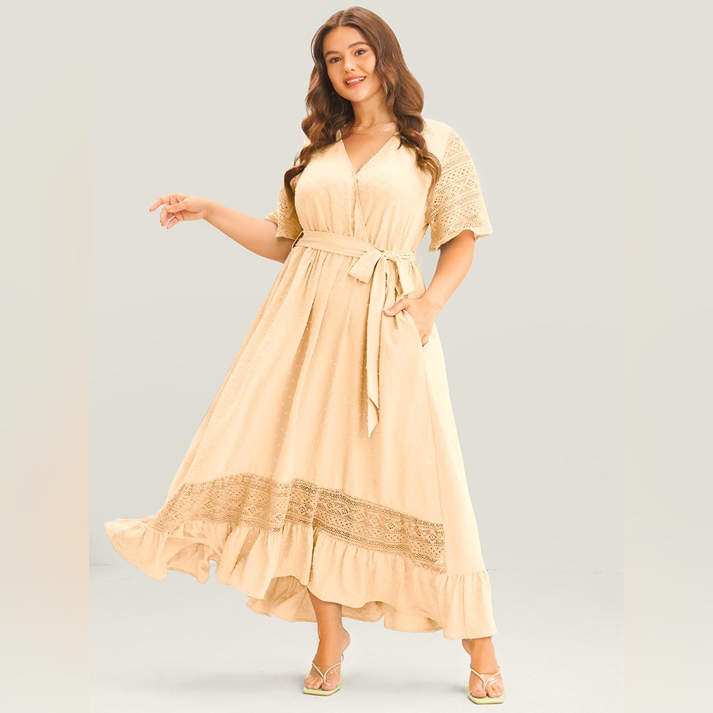 BLOOMCHIC large size 12 NWT Solid Wrap Pocket Belted Lace Ruffle Trim Maxi Dress
